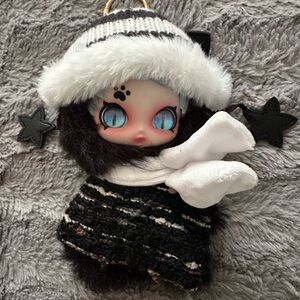 Black & White Plush Doll Keychain with Blue Eyes